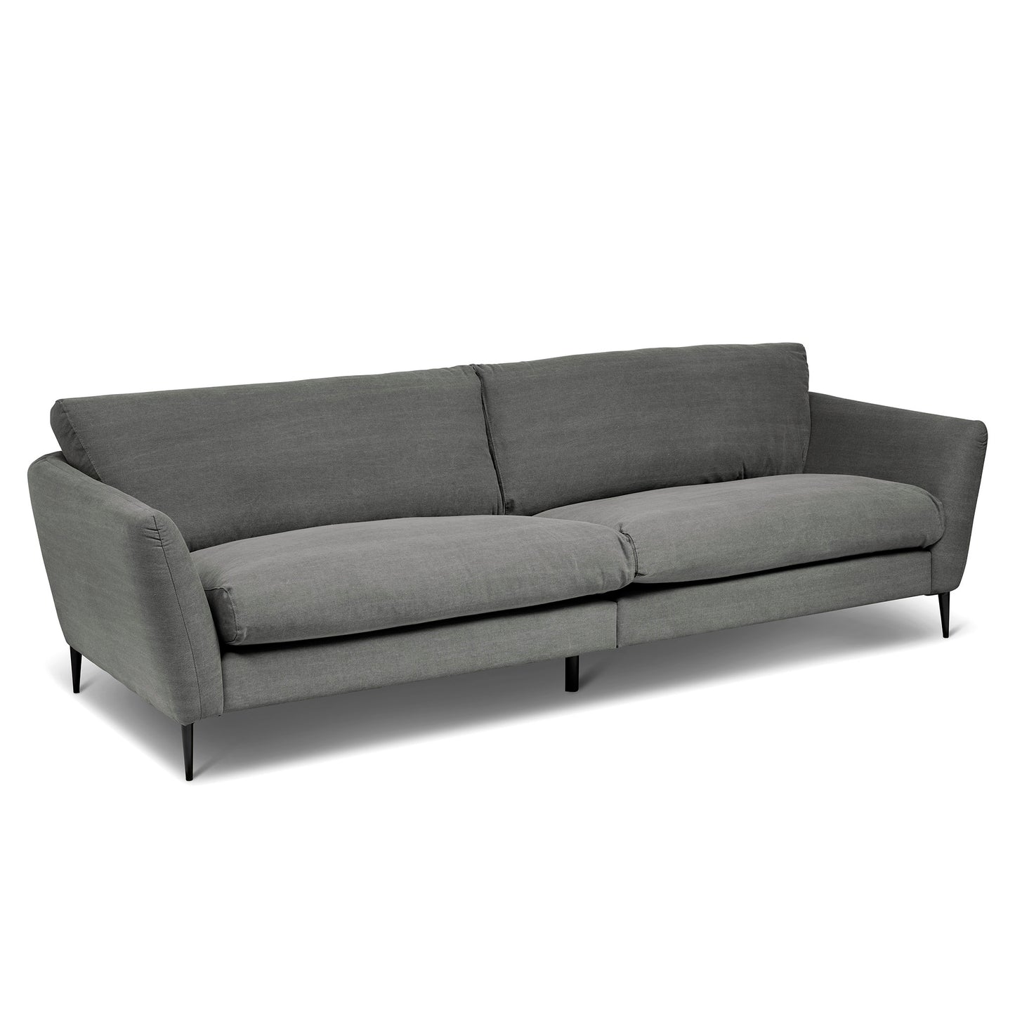 Stor soffa i grått bomullstyg med svarta ben