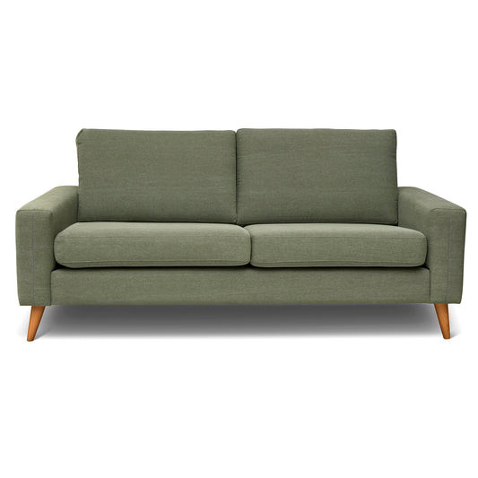 Liten mindre 2-sits soffa 184 cm i grågrönt bomullstyg med ekben