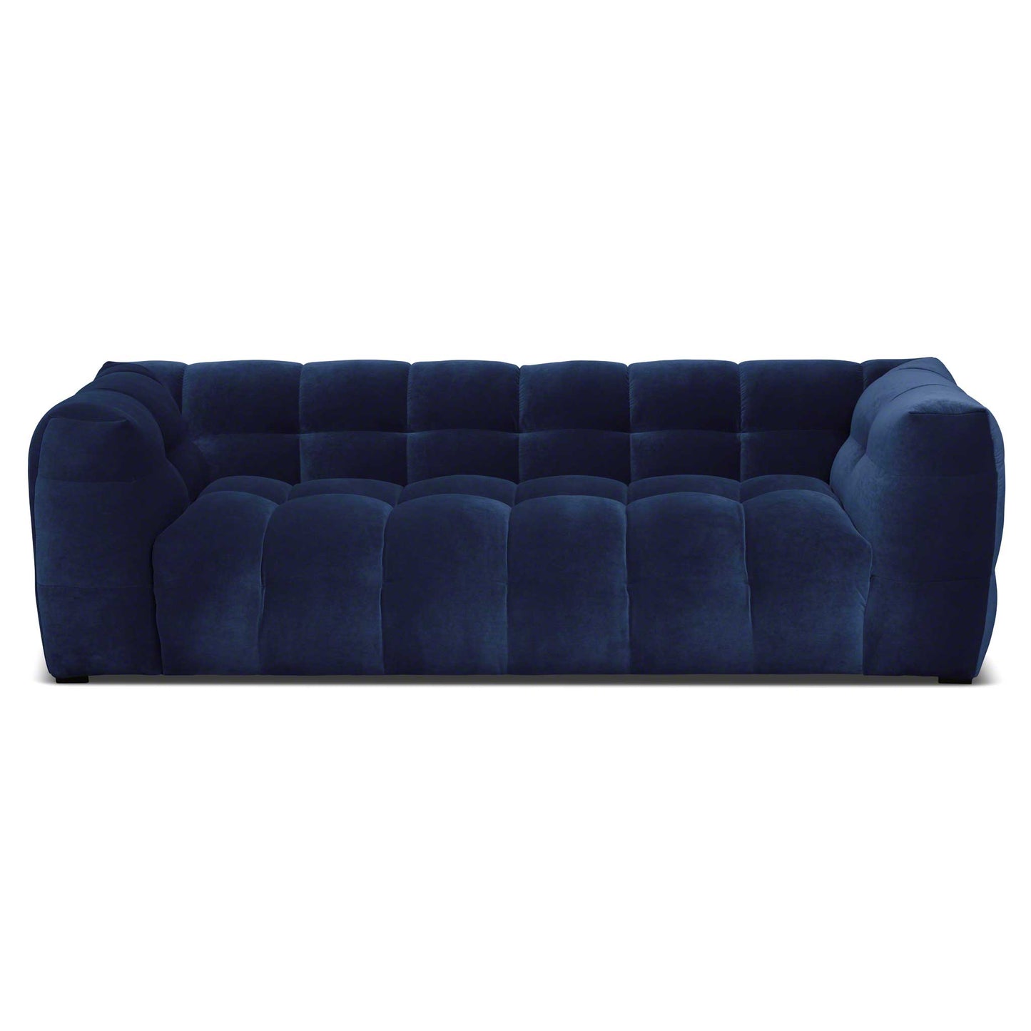 3-sits djup design sammets soffa i mörk blå sammet. Bubbligt möbelformspråk.